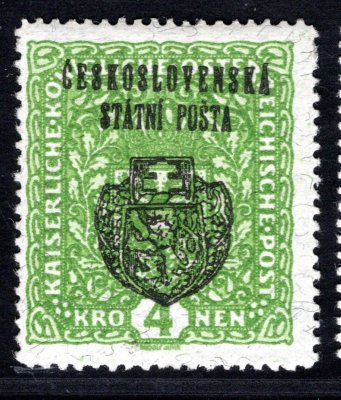 RV 39 a,  II. Pražský přetisk, znak, světle zelená 4 K, papír žilkovaný - formát široký , zk. Le, Gi