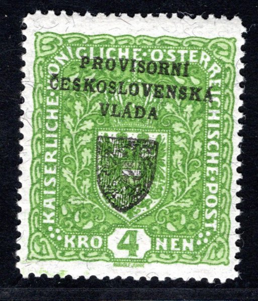 RV 18 a,  I. Pražský přetisk, znak, světle zelená 4 K, papír žilkovaný - formát úzký , zk. Le, Gi