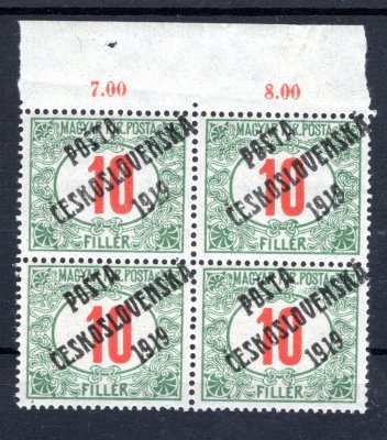 135, doplatní, červená čísla, krajový 4 blok s počítadly 10 f, spojené typy přetisků