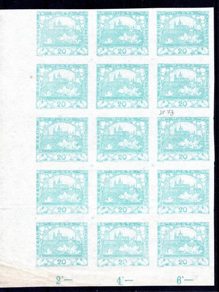 8, levý dolní rohový 15-ti blok s počítadly, mezi známkami přeložený, ohyb v rohu, modrozelená 20 h