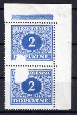 DL 63, pravá horní svislá dvoupáska s velkou bílou skvrnou, modrá 2 Kč, katalog u doplatních neuvádí, monografická vada 21/I - dekorativní a hezké 