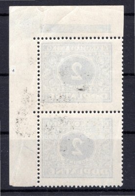 DL 63, pravá horní svislá dvoupáska s velkou bílou skvrnou, modrá 2 Kč, katalog u doplatních neuvádí, monografická vada 21/I - dekorativní a hezké 