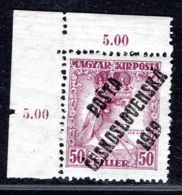 123, typ I, Zita, levý horní rohový kus s počítadly, 50 f fialová, zk. Karásek - rohové kusy u dražších hodnot s počítadly - ojedinělé 