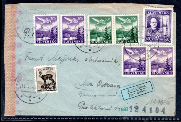 cenzurovaný, letecký  dopis z Tatranské Lomnice do Moravské Ostravy, nahoře zastřižený, vyplacený známkami  4 x  L 1, 2 x L 2, 38, 50, stopy poštovního provozu, zajímavá a hledaná frankatura