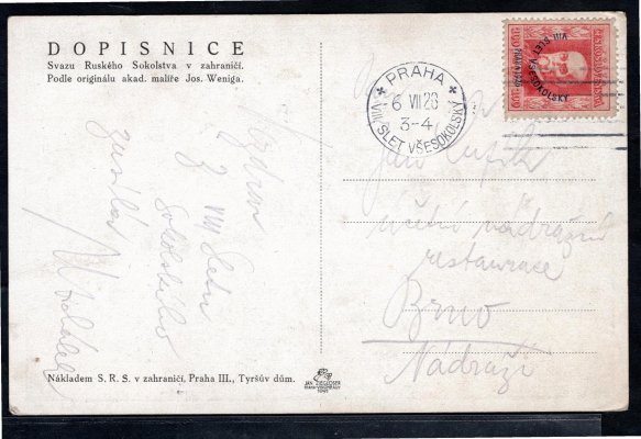 pohledníce, ruského Sokolstva v zahraničí, vyplacená známkou č. 184, červená 100 h, adresovaná do Brna