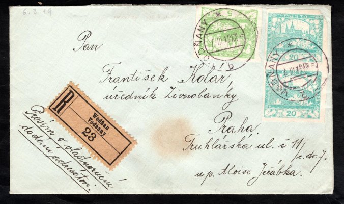 R dopis z Vodňan 7/III/19 do Prahy s 2 x č. 8, 20 h + 1 x č. 3, 5 h, na zadní straně pečeť