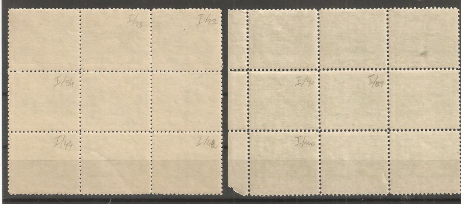 3 ;  5 h 2 x 9- ti blok  s neúředním zoubkováním průsek  ;+ 3 D 9- ti blok ( jedna známka flek) povoleno v okraji mimo známky ; známkové pole určeny - dekorativní