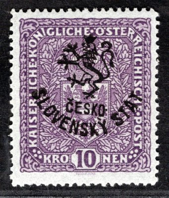 RV 61, Marešův přetisk, znak, formát úzký, světle fialová 10 K, zk. Gilbert, Vrba
