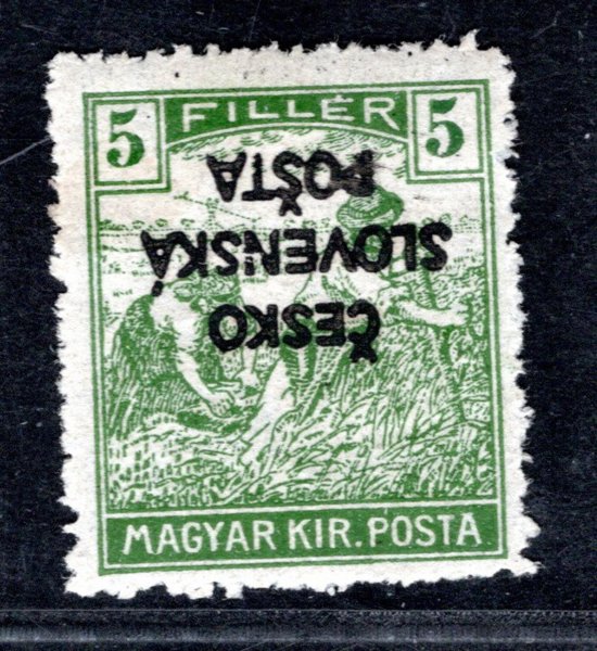 RV 140 PP, Šrobárův přetisk, převrácený, ženci, zelená 5 f, zk. Gilbert, Vrba