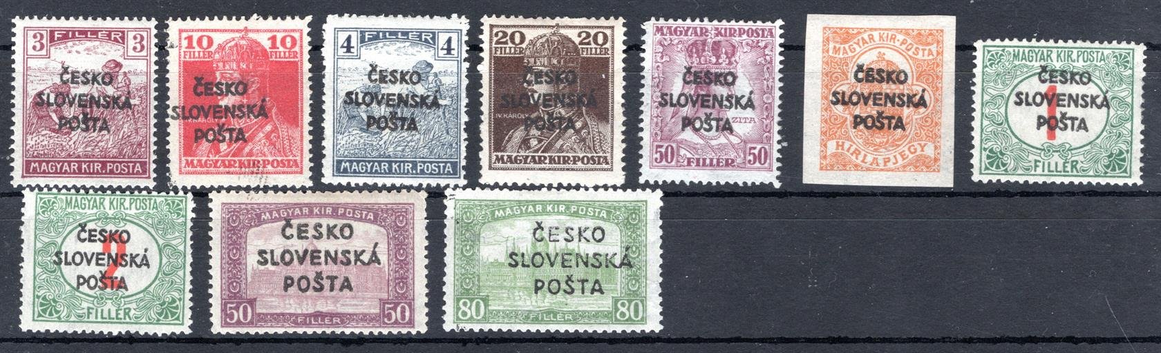 RV , Šrobárův přetisk, sestava maďarských známek s přetiskem, zk. různí znalci