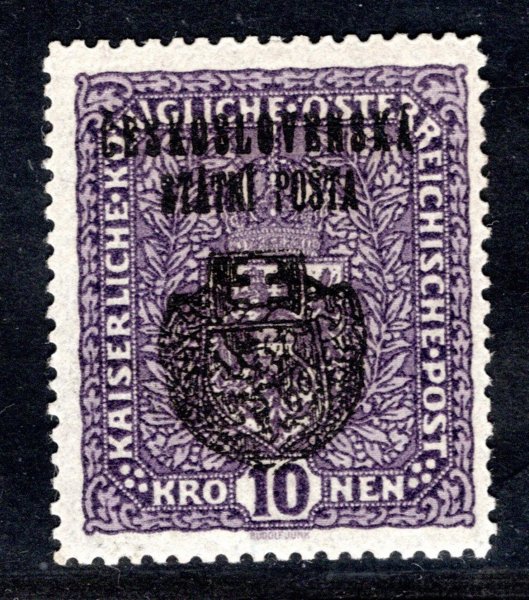 RV 40,  II. Pražský přetisk, formát úzký ( opraveno 6.12) , znak, tmavě fialová 10 K, nejasný tisk, zk. Gilbert, Mrňák