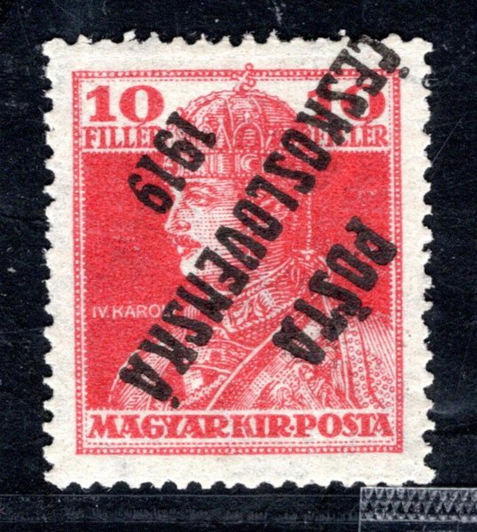 119 PP, typ I,  přetisk převrácený Karel, červená 10 f, zk. Mrňák