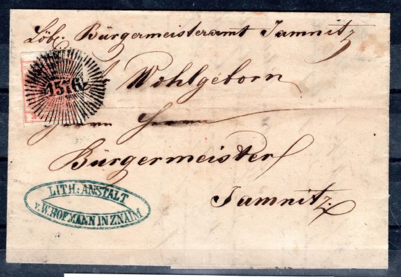Rakousko - 3 H I, červená 3 Kr, na skládaném dopise, němé razítko ZNAIM 1576 (Mülller 900 p). Dopis odeslán ze Znojma do Jemnice, hezký otisk razítka (1851), velmi hezká a vzácná celistvost - Atest Kopřiva 