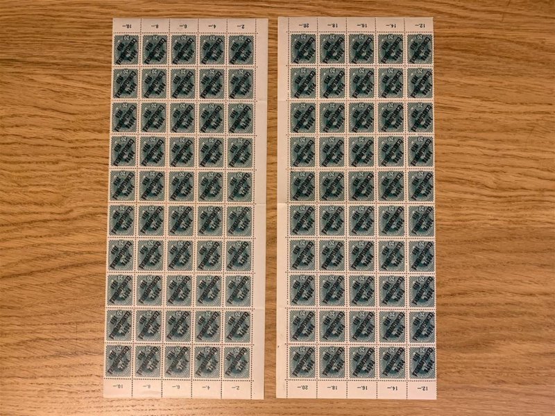 39, levý a pravý 50-ti blok s počítadly, Karel, modrozelená 20 h, přeložené, spojené typy přetisků
