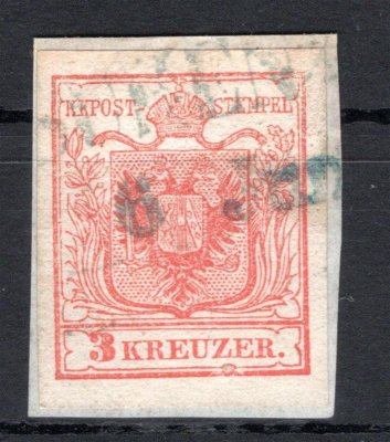 3; 3 kr červená, ruční papír, typ Ia, na výstřižku s částí modrého razítka ze 6. 6. (pravděpodobně 1850), katalog Ferchenbauer € 225.- ++