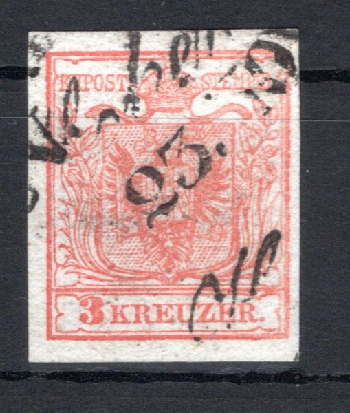 3; 3 kr červená, ruční papír, typ IIIa, kartónový papír 0,13 mm, katalog Ferchenbauer € 45.-