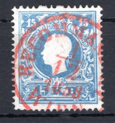 15; 15 kr modrá II. emise, typ I, červené raz. WIEN, 1 / 12 / 1858, ANK € 70.- 