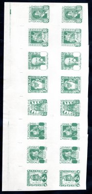 ZT návrhů na známky, soutisk 16 kusů v barvě zelené, Rijaček, po neúspěchu v soutěži vydáno jako zálepky, v tomto provedení se na trhu nevyskytuje 

