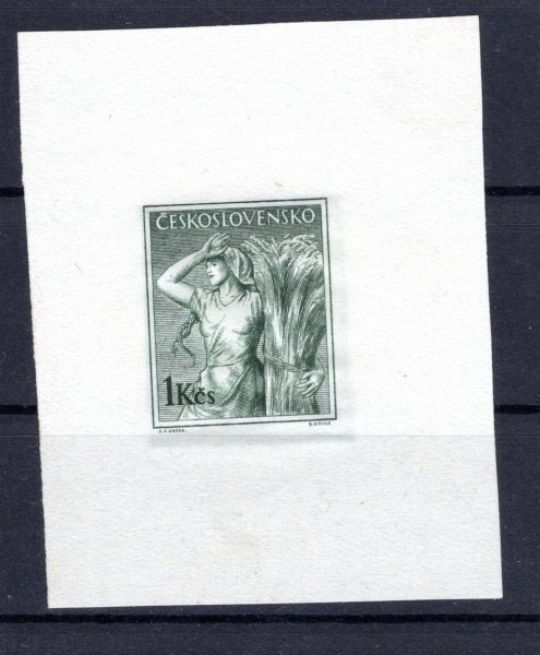 782 ZT; 1 Kčs otisk rytiny v šedozelené barvě na kousku kartonu, vzácné

