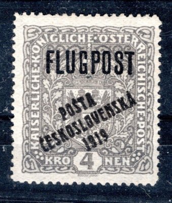 54 II, typ II, FLUGPOST, šedá 4 K, známka s původním lepem bez nálepky, zk. Gilbert, Lešetický a atest Káňa, hledaná známka