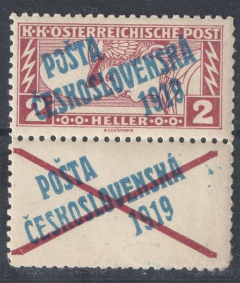 57 B - 2h hnědočervená s modrým přetiskem Pošta československá 1919 s přetištěným kuponem, ŘZ 11 1/2, v okrajích tupé zuby, na známce DV přetisku - přerušené písmeno O ve slově pošta, kat.4000 Kč, zk. Gilbert 