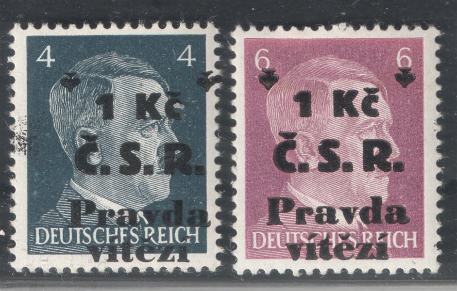 Cheb - dvojice známek malého formátu s motivem Adolfa Hitlera, revoluční přetisk Cheb