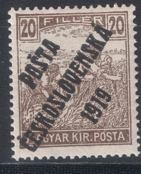 107 - 20f hnědá s přetiskem Pošta československá 1919, přetisk IV. typu, kat. 350 Kč