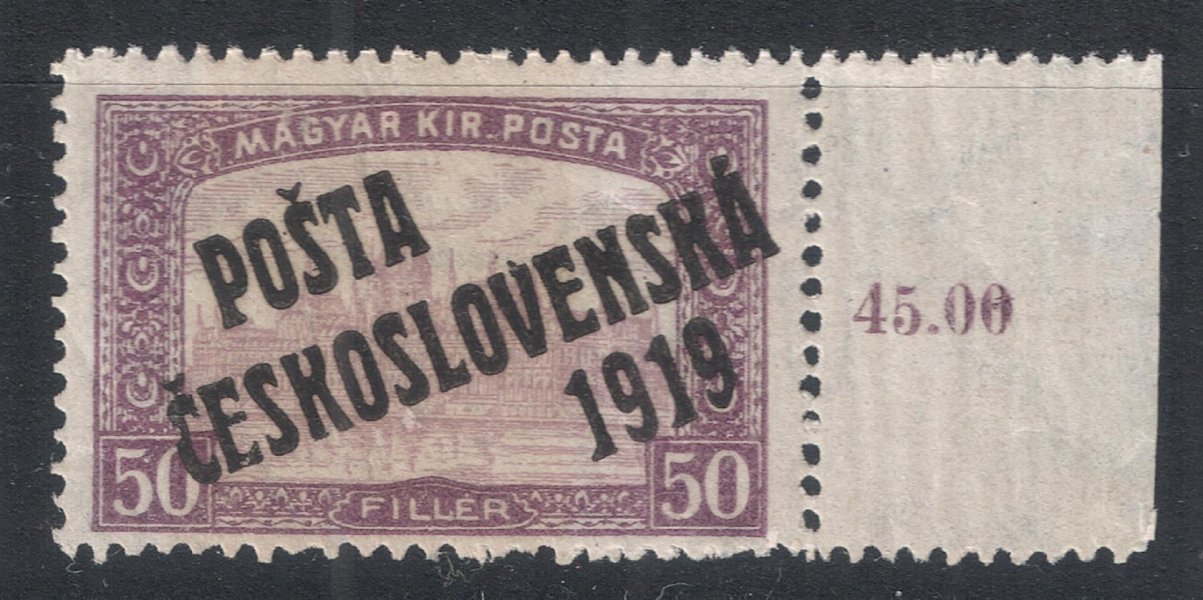 111 - hodnota 50f fialová s přetiskem Pošta československá 1919 a pravým okrajem, II. typ přetisku, okraj bez přetisku