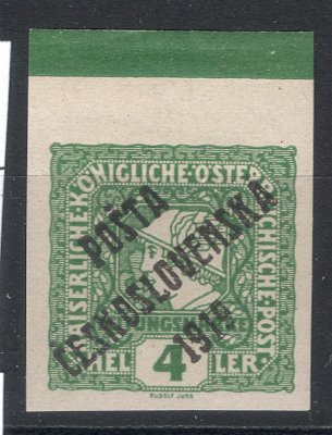 61 - hodnota 4h zelená s přetiskem Pošta československá 1919, horní okraj s ochraným rámem