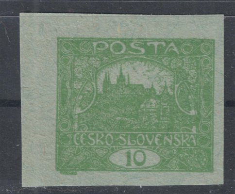 6 ZT, zkusmý tisk hodnoty 10h zelená na barevném papíru bez lepu, rohový kus ZP 1/ II. TD, na rubové straně slabý obtisk