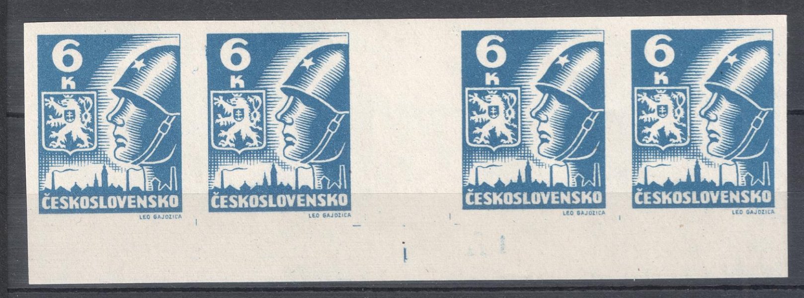 356 - krajové čtyřznámkové meziarší hodnoty 6K modrá, na okraji rozměřovací bod, dolní krajový kus, bílý papír, kat. 500 Kč