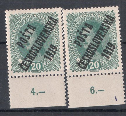 39 - dva krajové kusy hodnoty 20h modrozelená s přetiskem Pošta českolsovenská 1919, obě s počítadly, obě II. typ přetisku