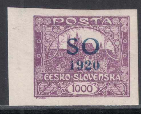 SO 23 - nezoubkovaná hodnota 1000h fialová s přetiskem SO 1920 v modré barvě, známmka s levým okrajem, zk. Karásek, kat. 200 Kč