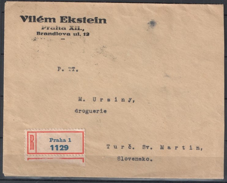 189 x - R dopis frankovaný na zadní straně 5ti blokem hodnoty 60h na pergamenovém papíře, svislá průsvitka P3, odesílatel Vilém Ekstein, podací razítka PRAHA 1 s daty 4. XII. 1925, příchozí razítko TURČANSKÝ SVATÝ MARTIN s datem 6. XII. 1925