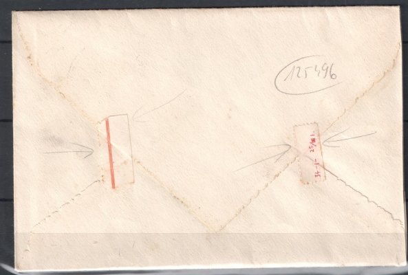 194 - R-dopis frankovaný třemi kusy hodnoty 1Kč červená, II. typ - "ramínko", průsvitka nezjištěna, nečitelné podací razítko