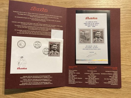 Baťa - Filatelistiský aršík včetně obálky v dárkovém albu k výdání výročí 130 let nárození Tomáše Baťi 
