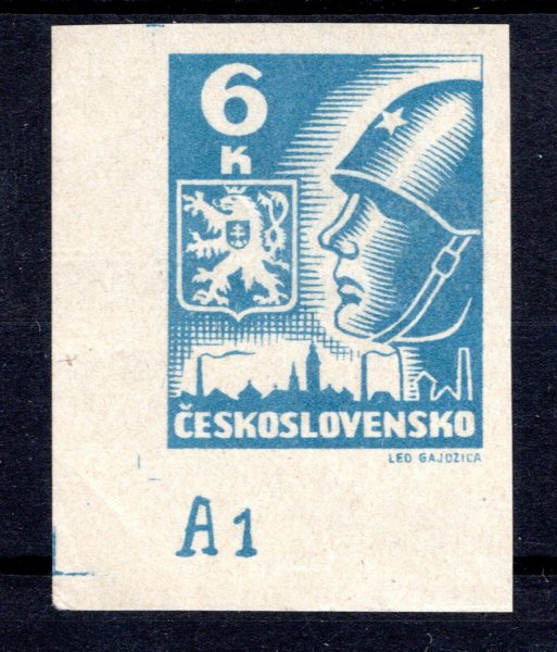 356 b, Košice, rohová s DČ A1, světle modrá 6 K ( nálepka v okraji mimo známku a Dč) 