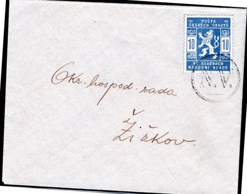 SK 1, modrá 10 h,  na obálce adresované Okresní hospodářské radě Žižkov, razítko " NV "