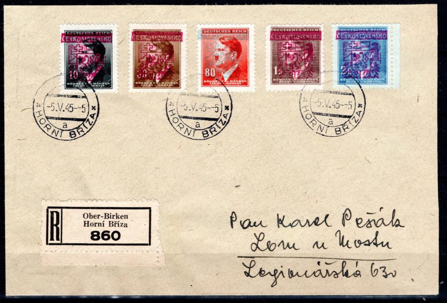 Horní Bříza, R dopis se známkami A.H s přetiskem - červený přetisk
