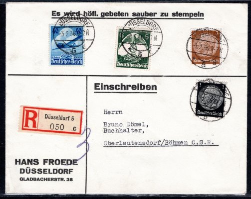 R dopis z Düsseldorfu do Čech s pestrou frankaturou známek DR 