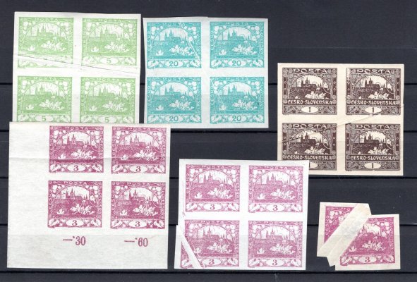 sestava složek a vrás na známkách emise Hradčany, 5 x 4 blok + samostatná známka se složkou a tiskem na lep, zajímavé
