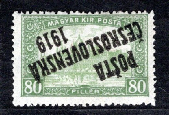 113 Pp, typ II, Parlament, přetisk převrácený, zelená 80 f, známka s původním lepem a stopou po nálepce, zk. Gilbert, Vrba a atest Vrba