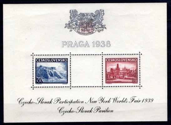 As 4f, přítisk na aršíku 342/3 - Praga 38, pro NY 1939,  text černý, znak stříbrný