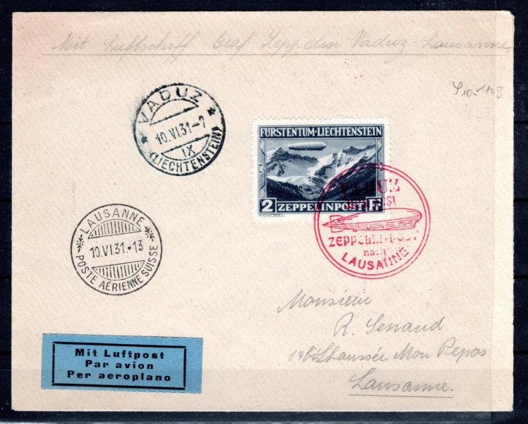 Zeppelinový dopis frankovaný zn. 2 Fr.raz. VADUZ 10.VI.31 příchozí LAUSANNE 10.VI.31, Sie.110B
