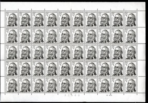 863; Walt Whitman 75h, kompletní 50 kusový arch (A, 11.X.55), zprava natržen v perforaci mezi 2. a 3. řadou, lehce přeložený, datum bezvadné a nepřeložené