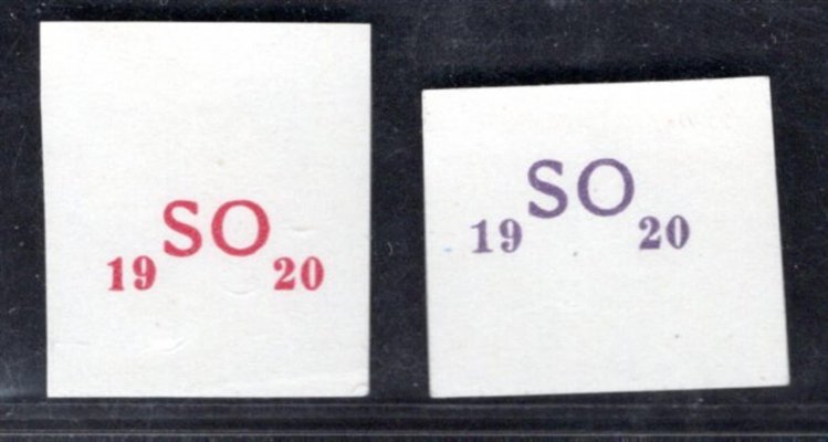 SO 1920, přetisk B, otisk přetisků na lístku papíru v barvě červené a fialové, papír křídový, zk. Gilbert