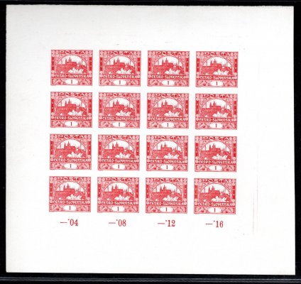 PTM I - katalog Pofis 2015, tiskový list s počítadly, Hradčany 1 h v barvě červené, soutisk 16-ti známek s odlišnými počítadly na křídovém papíru. Jedná se o otisk původní desky zhotovené pro výstavní a didaktické účely poštovního muzea ( katalog Pofis 2015 - strana 17). Jedná se v této podobě a barvě  o unikátní kus.. Tento kus byl použit pro katalog Pofis, kde je vyobrazen na straně 17. ! Atest Vrba - Unikát ! 