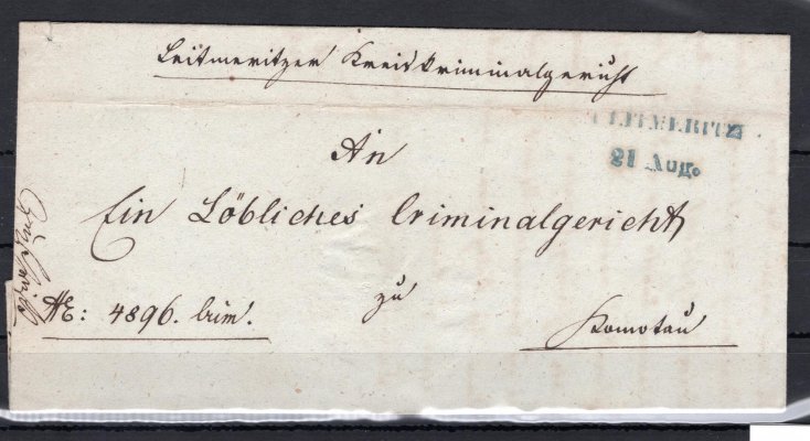 Předznámkový skládaný dopis z r. 1843 z Litoměřic do Chomutova, modré raz. LEITMERITZ, 21. Aug., Vot. 1224/6, 60 bodů