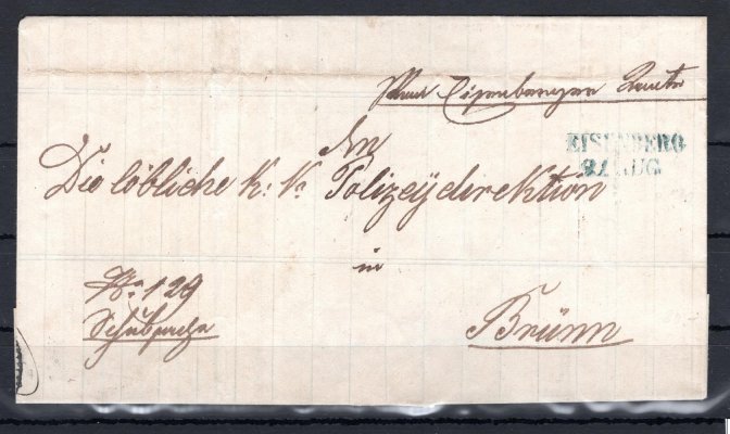 Předznámkový skládaný dopis z r. 1849 z Rudy nad Moravou do Brna, vzácnější modrozelené raz. EISENBERG, 21. AUG., Votoček č. 1586/1, 120 bodů