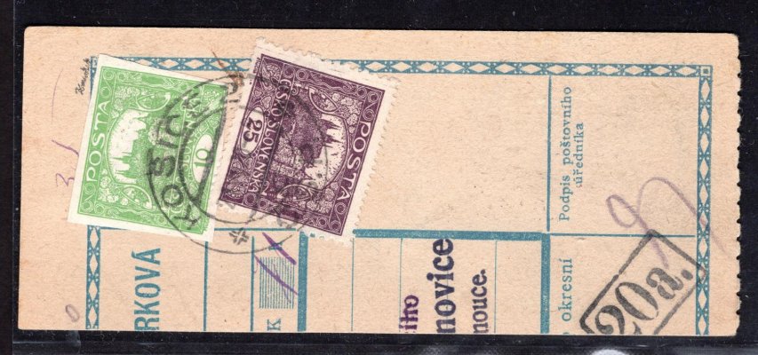 6 N + 25 h fialová ustřižek průvodky, razítko Košice 2- 21.7.1920 - zkoušeno Karásek 